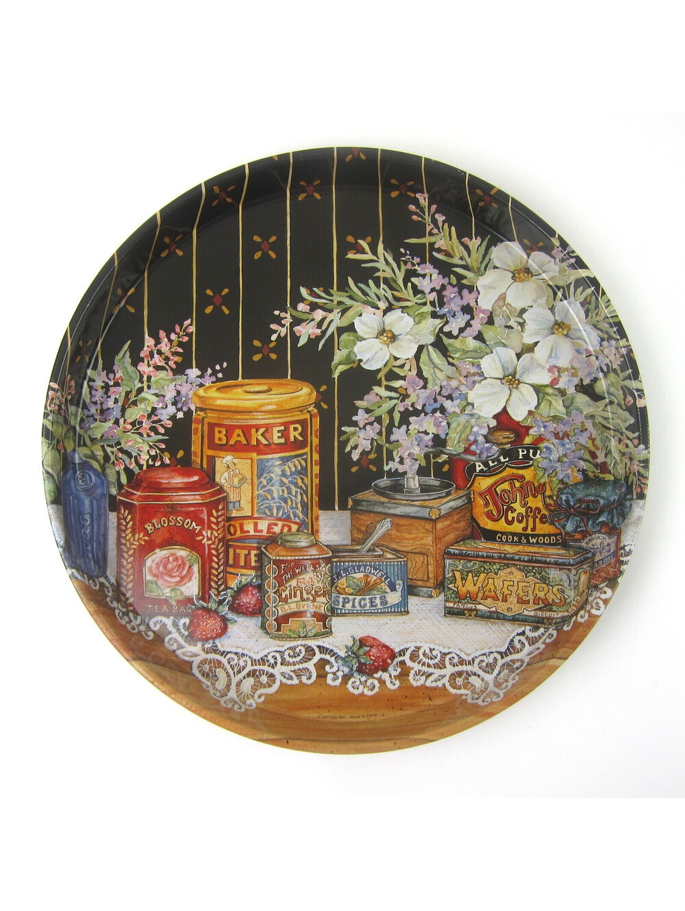 Vintage Round Metal Serving Tray 11.75" Victorian Kitchen Baking Tins Flowers